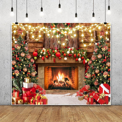 Christmas Fireplace Photography Backdrops 10x8ft Vinyl Winter Photoshoot Backdrop Xmas Tree Lights Wooden Board Wall Gift Box Background Xmas New Year Party Background Banner Supplies Props