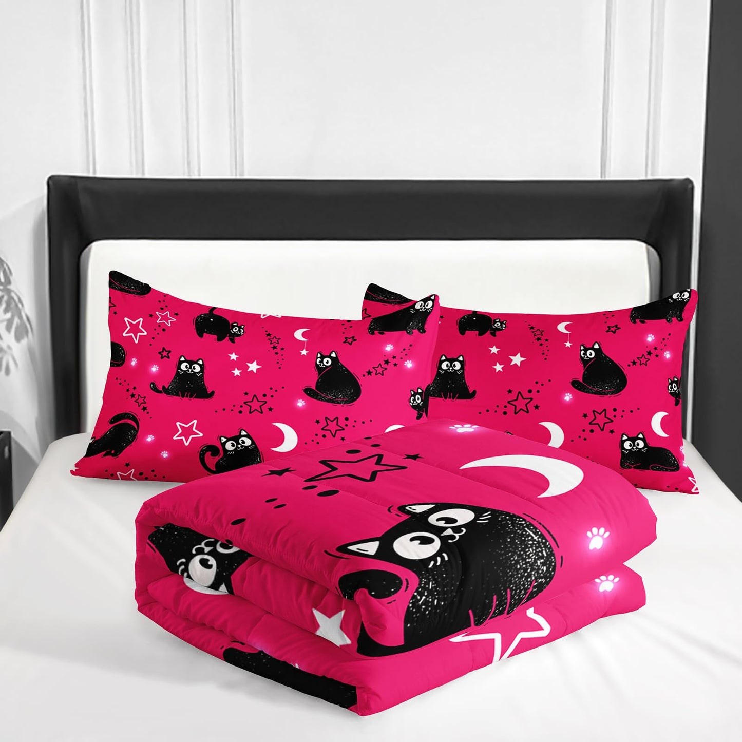 Nttopship Pink Cartoon Cat Comforter Twin Size,Black Cats Moon Night Starry Sky Quilt Set for Girls Boys Teens Animals Print Room Decor Soft Microfiber Comforter and 2 Pillowcases