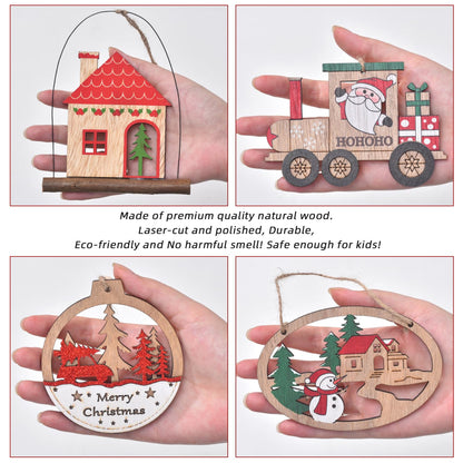 IDATOO Christmas Ornaments, 12 PCS Wooden Christmas Tree Decorations, 3D Rustic Farmhouse Christmas Ornaments Sets Holiday Hanging Decor Keepsake for Party Holiday Home Decor (12pcs Red)