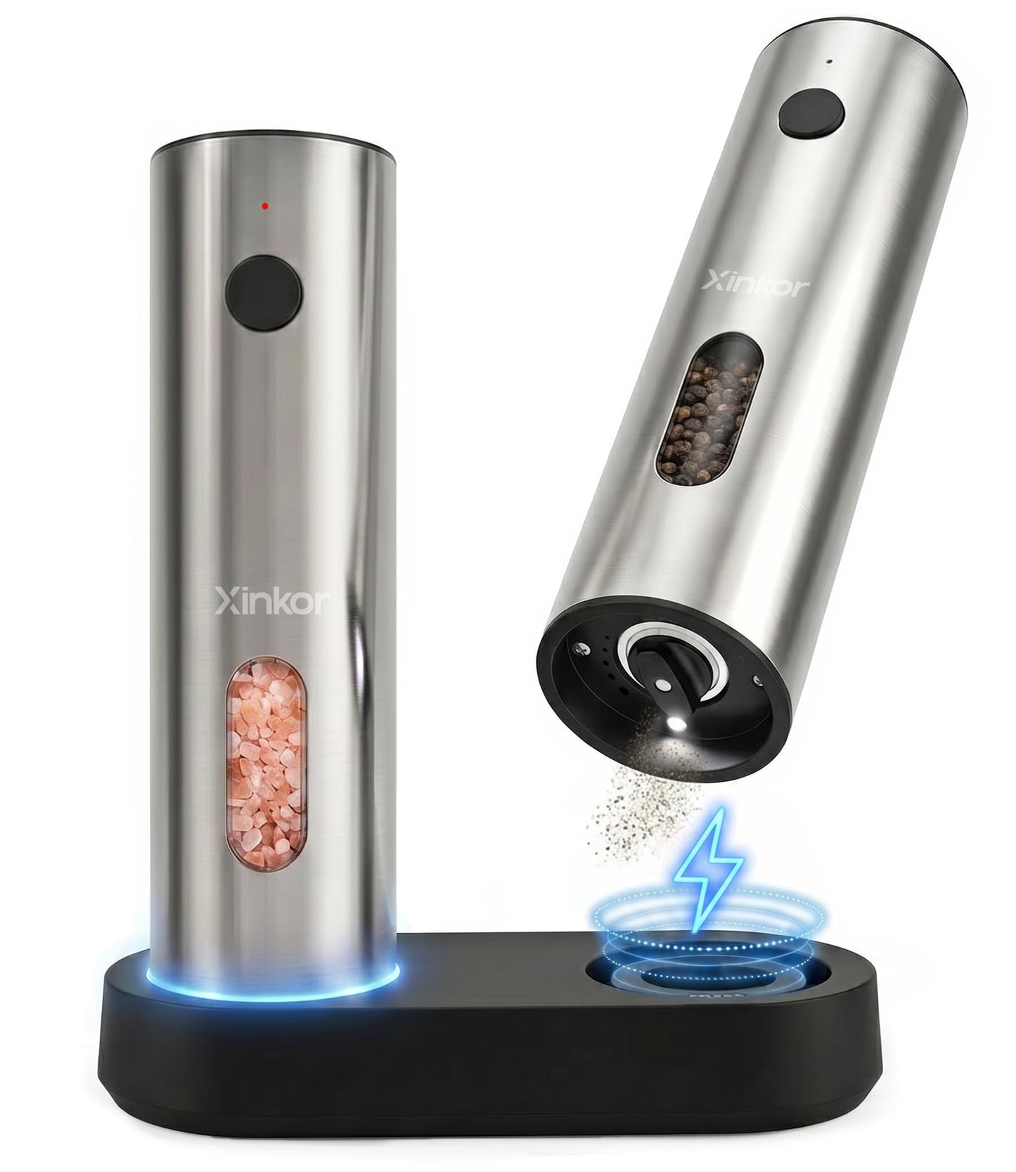XINKOR Electric Salt and Pepper Grinder Set with USB-C Charging Base, Stainless Steel Automatic Rechargeable Salt and Pepper Grinder with LED Light & Large Capacity, 6 Adjustable Coarseness Settings