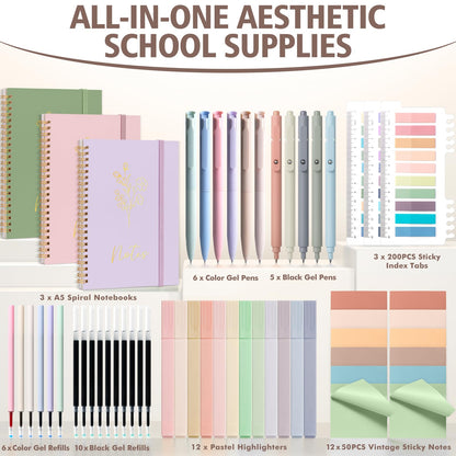 58PCS Aesthetic School Supplies, Cute College Ruled A5 Spiral Notebook Stationary Set Back to School Supplies Bible Study Kit Office College Essentials with Pastel Highlighters for Women Student Girls