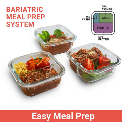 BariBowl Portion Control Containers for Bariatric Meals – 8 oz Glass Meal Prep Containers with Two 4 oz Compartments and Lids (3 Pack), Reusable Bento Lunch Boxes