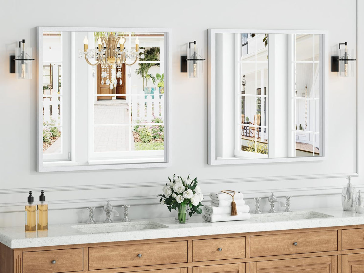 Syndra Square White Wood Frame Bathroom Mirror, 32''x32'' Modern Vanity Mirror for Wall, Waterproof Slim Deep Frame, HD Tempered Glass Mirror for Living Room, Bedroom, Entryway, Rustic, Farmhouse