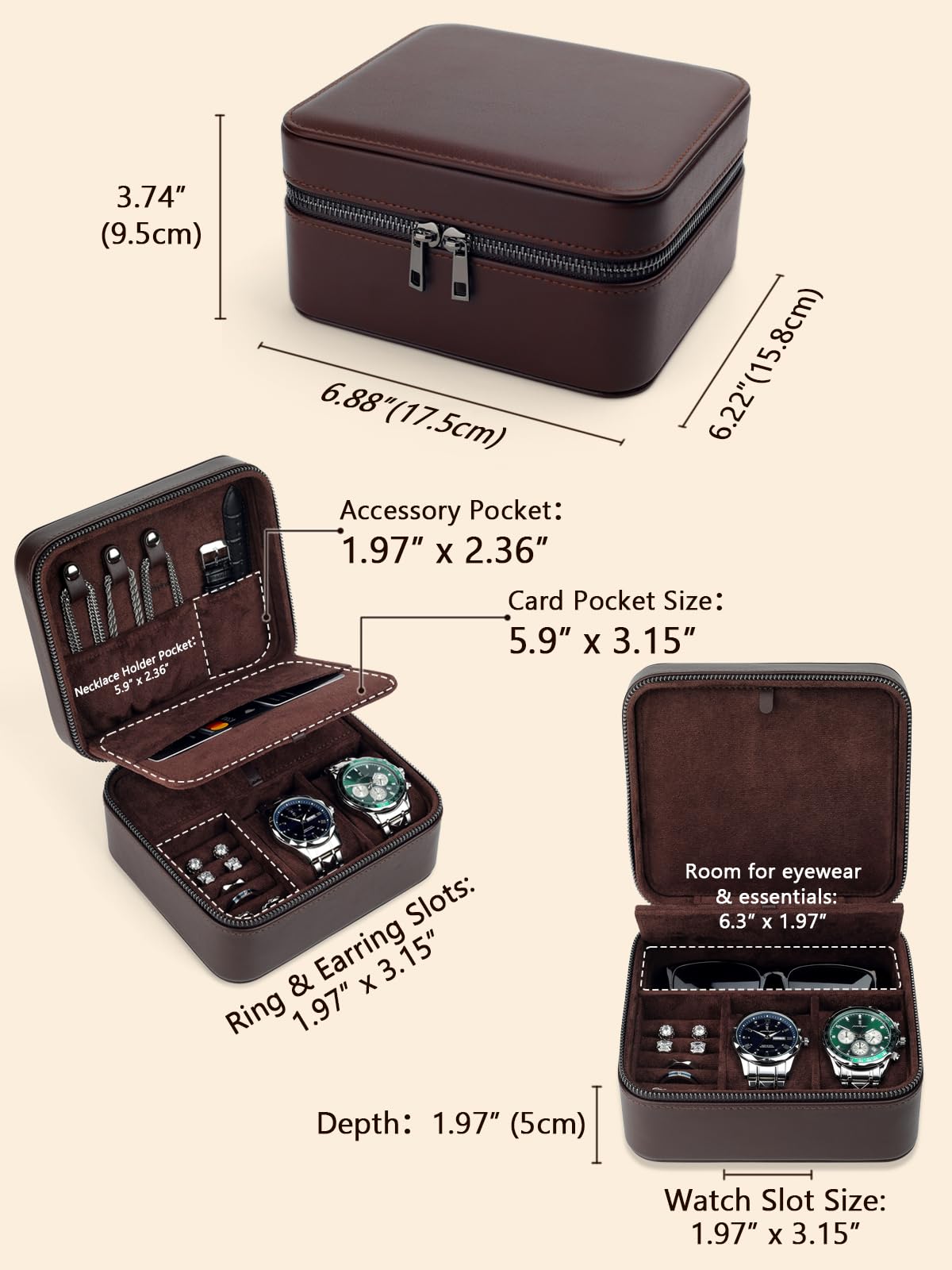 Lumayina Travel Watch Case for Men, Watch Box with Ring Rolls & Accessory Compartments, PU Leather Portable Men's Jewelry Organizer, Fits up to 50mm Watches, Gift for Him (Large – 2 Slot)