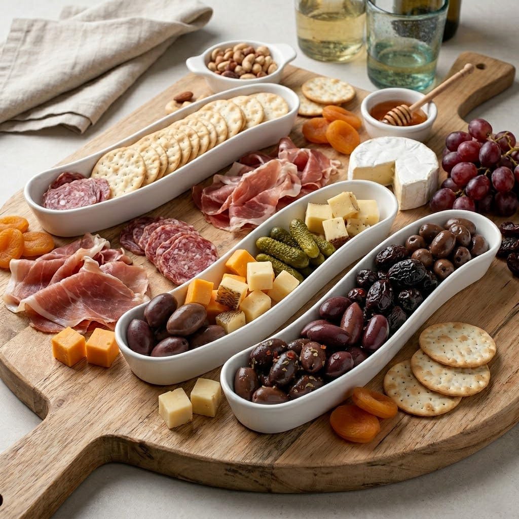 Dizada Olive Plates 3-Pack 12" - White Porcelain Long Arc Boat Trays, Ceramic Appetizer Platter for Charcuterie, Snacks, Entertaining, Dishwasher Microwave Oven Safe