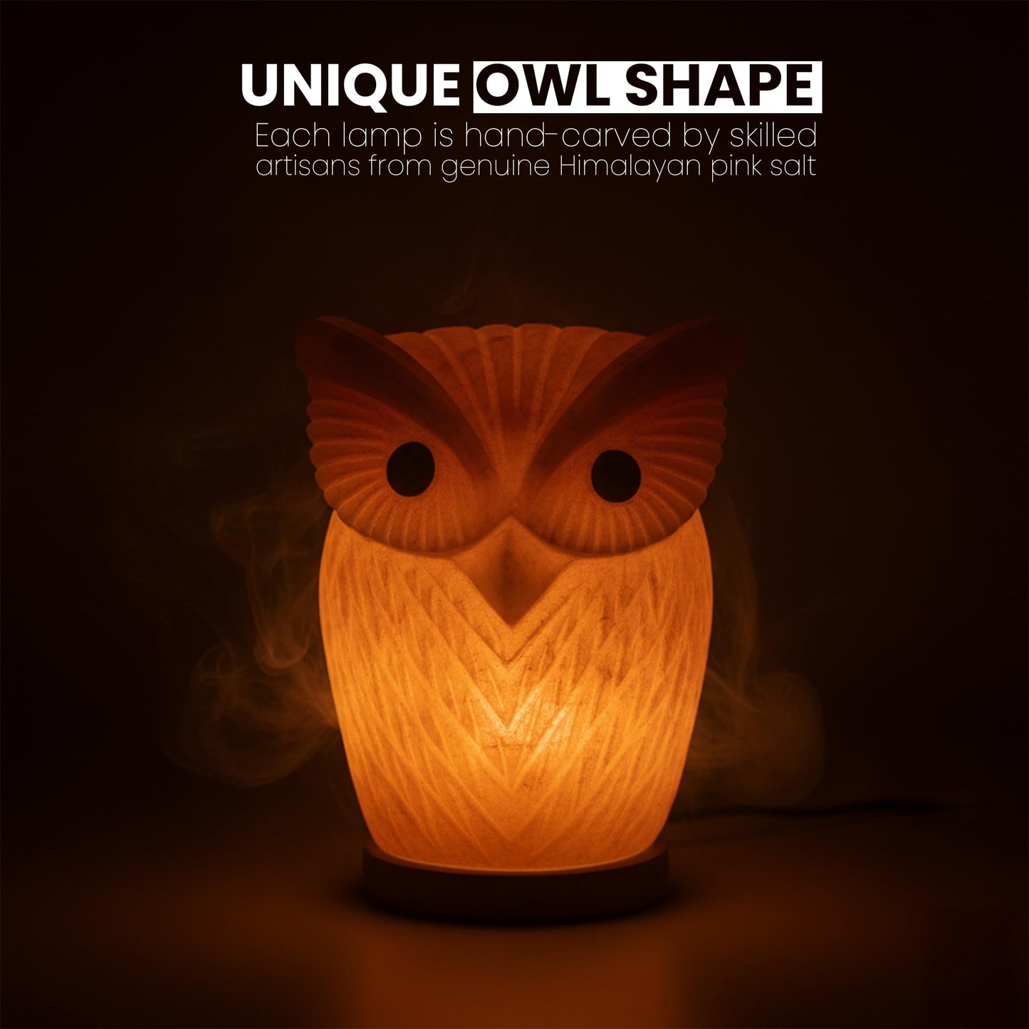 Himalayan Salt Lamp Owl Shape – 7 Inch High, 4.4 lbs, Hand-Crafted Natural Pink Rock Salt Lamp with Wooden Base & Dimmer Cable