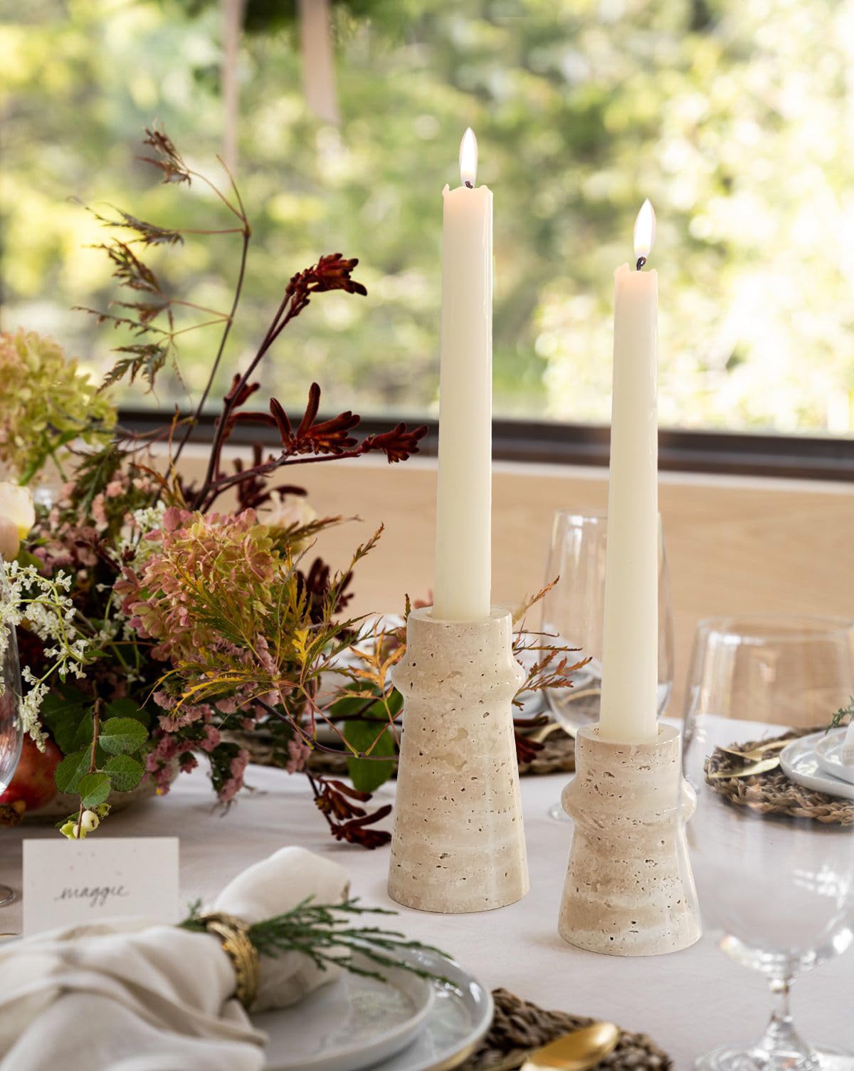 Vixdonos Natural Stone Candle Holder Set of 2 Taper Candle Candlestick Mantle Candle Stand for Home Decor,Wedding,Party and Table Centerpieces(White)