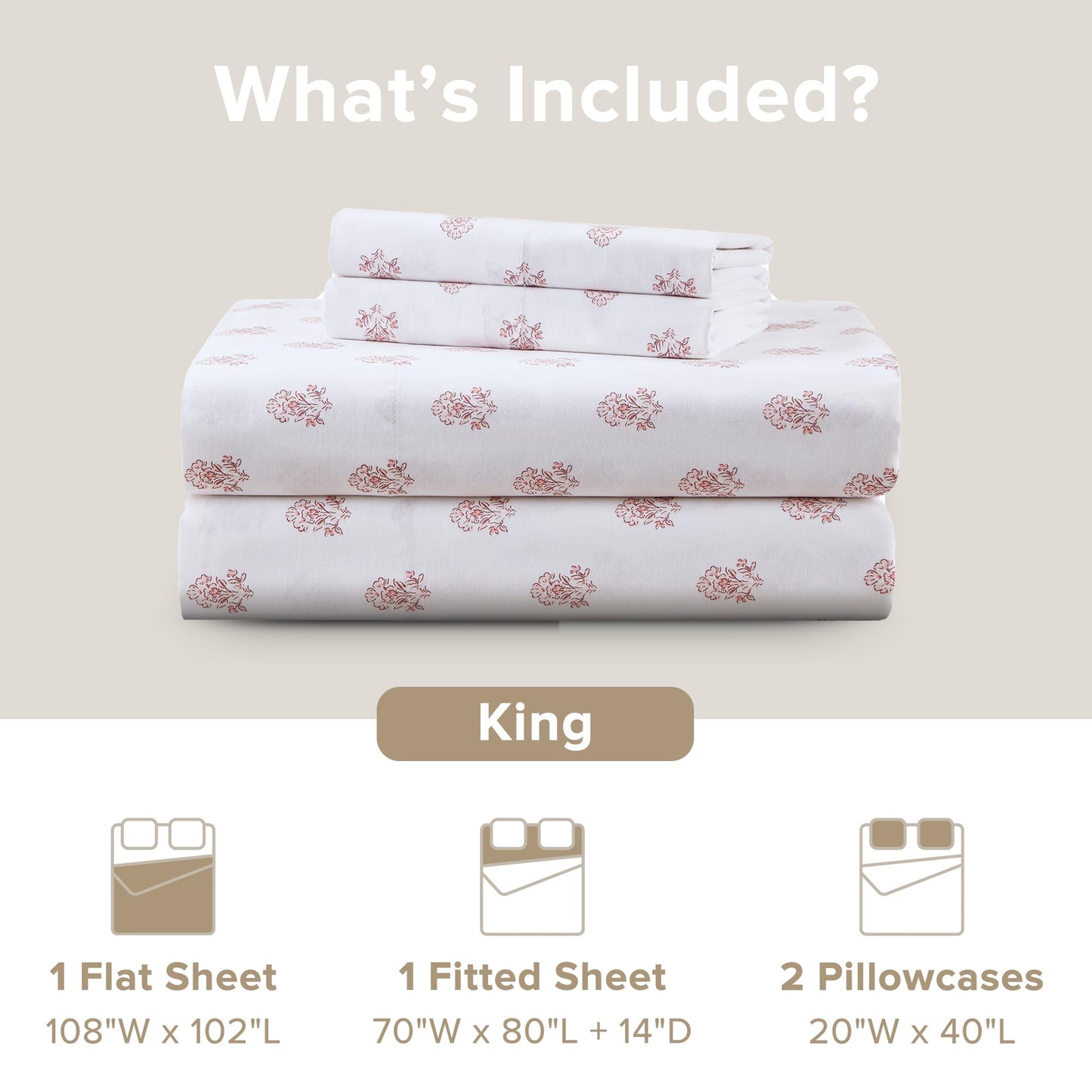 Comfort Spaces 100% Cotton Sheets King, Breathable, Naturally Cool Cotton Sheets, Soft Cotton Bed Sheets with 14" Elastic Pocket Fits up to 16" Mattress, All Seasons Sheet Set, Floral Pink 4 Piece