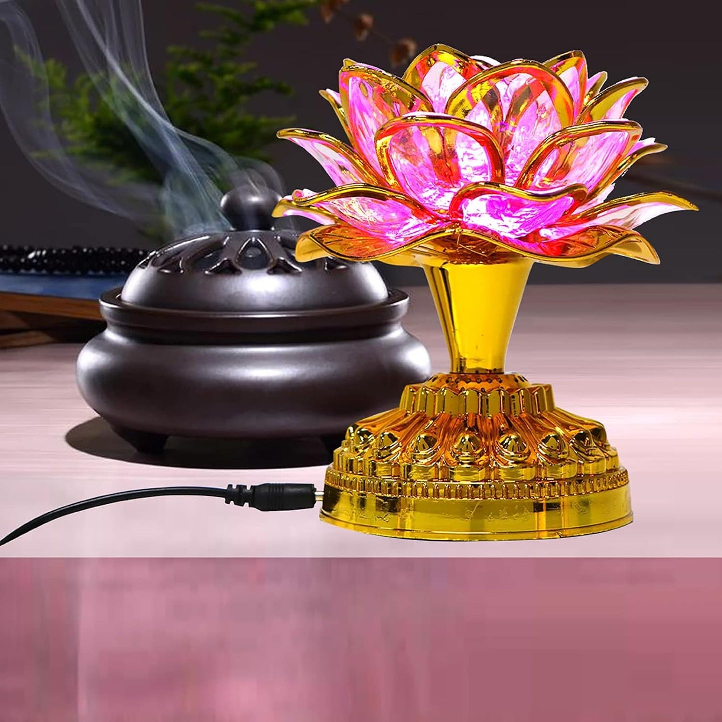 Zerodis 110-240V LED Lotus Flower Lamp - 7 Color Crystal Buddha Lamp with Golden Finish, 36 Songs & US Plug