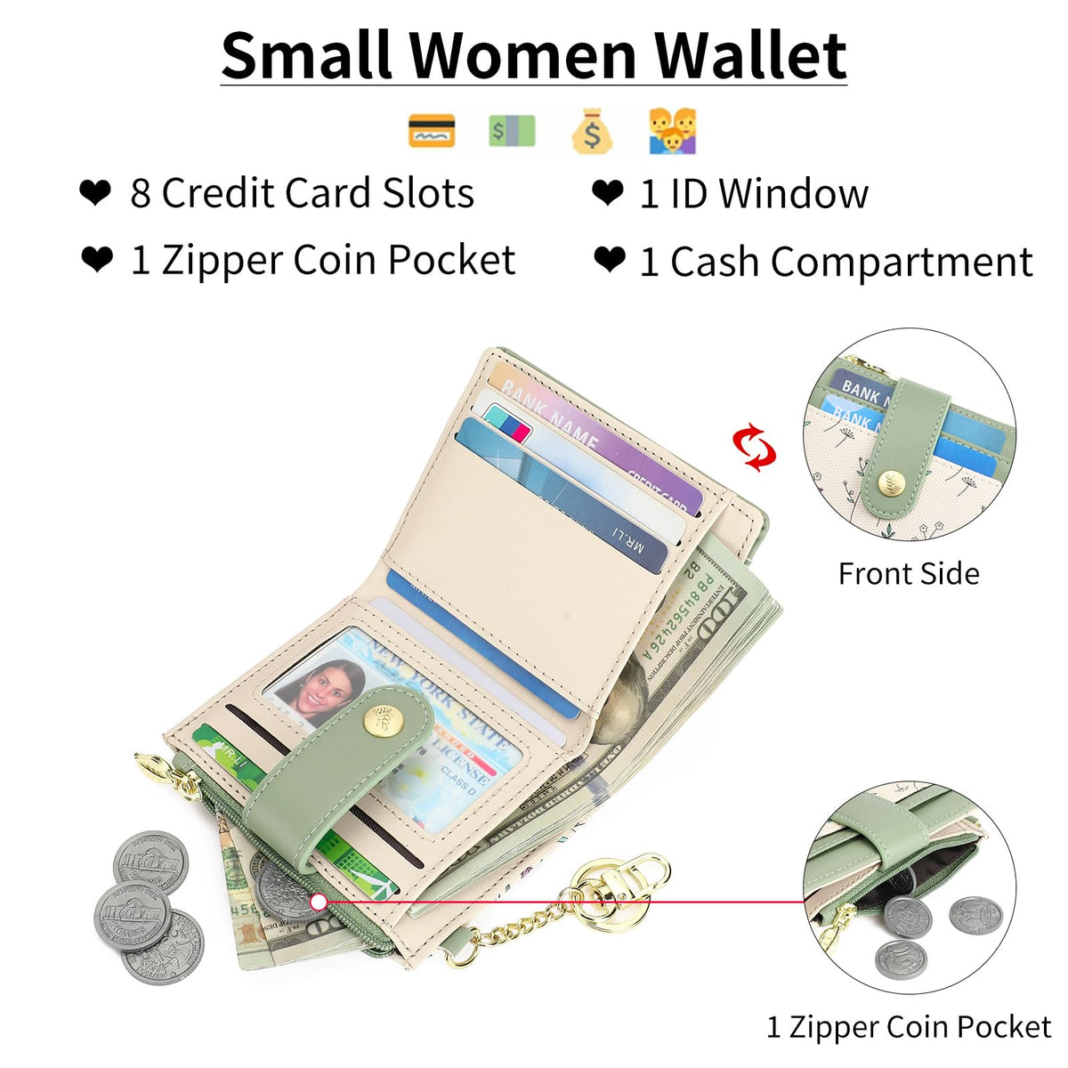 GAEKEAO Small Wallet for Women RFID Blocking Bifold Card Holder Vegan Leather with Zipper Coin Pocket, ID Window, Keychain