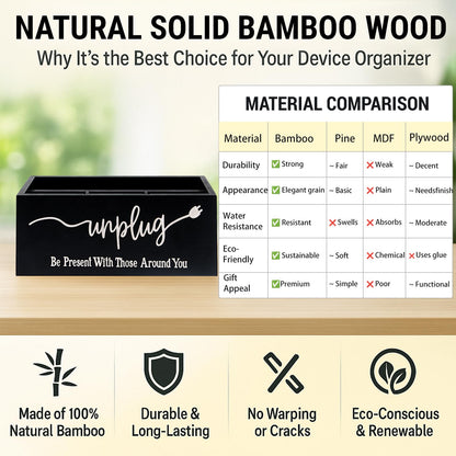 Bamboo Wood Phone Box – Unplug from Phones, Tablets, and Electronics for Study, Meetings, and Family Time, Phone Holder Organizer with Charging Holes, Farmhouse Style, Holds Up to 18 Phones-Black