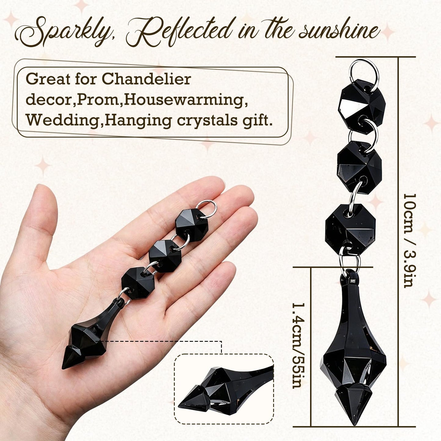 Buachois 10Pcs Clear Acrylic Crystal Ornament Beads Garland Chandelier Hanging Crystals for Wedding Party Celebration Christmas Tree Decor Black