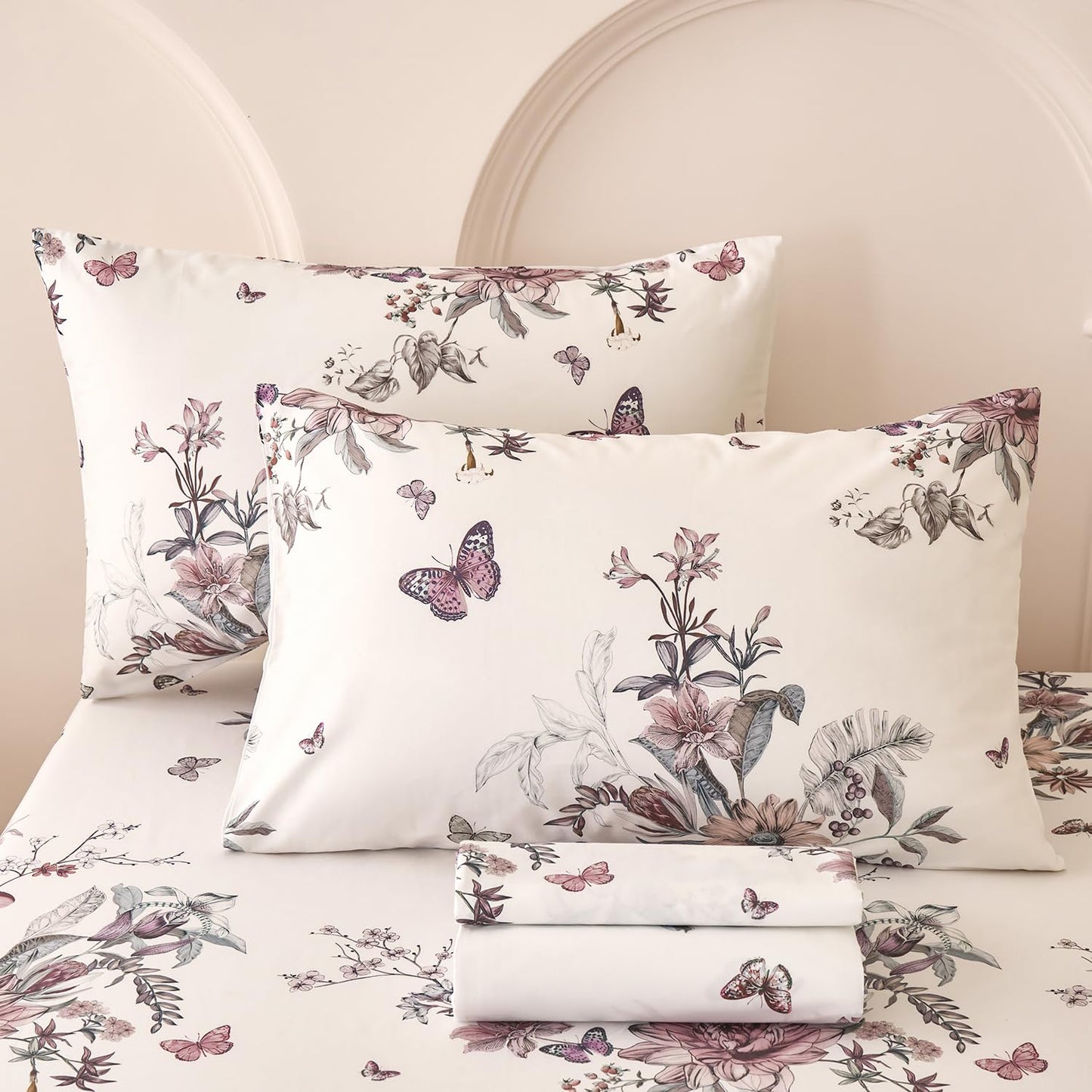 Huborise Queen Size Sheet Set Dusty Rose Floral Bed Sheets 100% Cotton 4Pcs, Light Pink Flower & Butterfly Printed Bed Set with Deep Pocket 17.5", Soft Breathable & Crisp, Luxury French Country Style