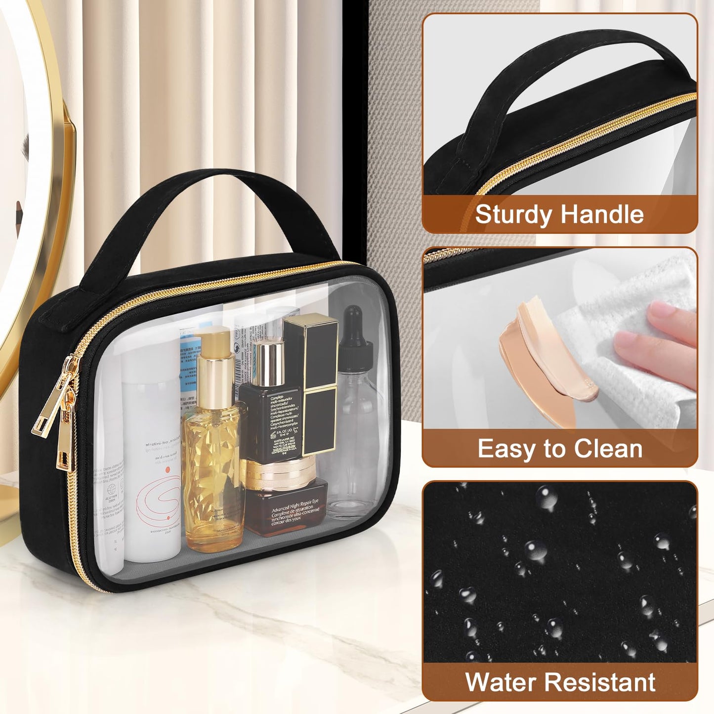 Wedama TSA Approved Toiletry Bag, 4 Pack Clear Makeup Bags with Handles, Quart Size Toiletry Bags, PVC Clear Cosmetic Bags for Women and Men, Carry on Airport Airline Compliant Bag, Black