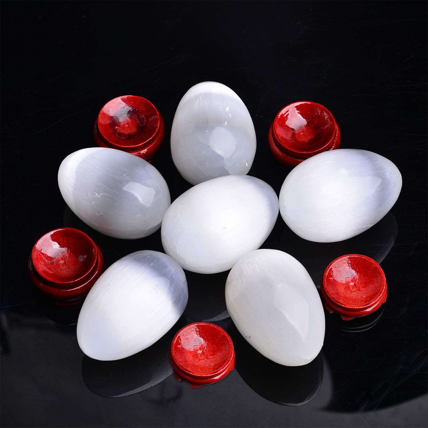 AMOYSTONE Selenite Eggs (6 Pcs) - Morocco Selenite Crystals with Wooden Base for Healing, Reiki, Meditation, Home Decor & Office Desk (1.5-2")