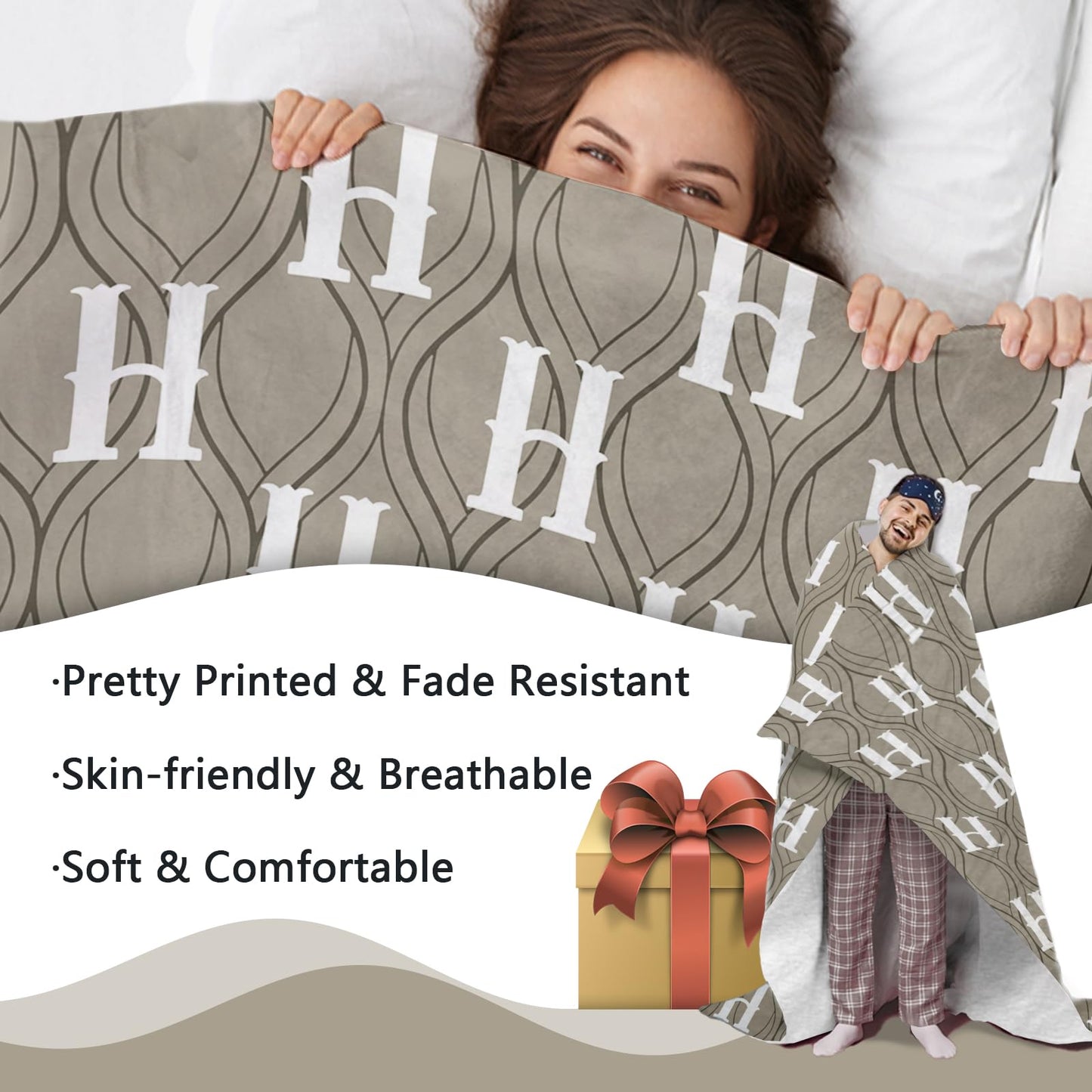 Zzkol H Flannel Throw Blanket, Modern Geometric Wave Birthday for Women Men Teens, Minimalist Luxury Soft Blankets for Bedding Sofa 50" x 60"