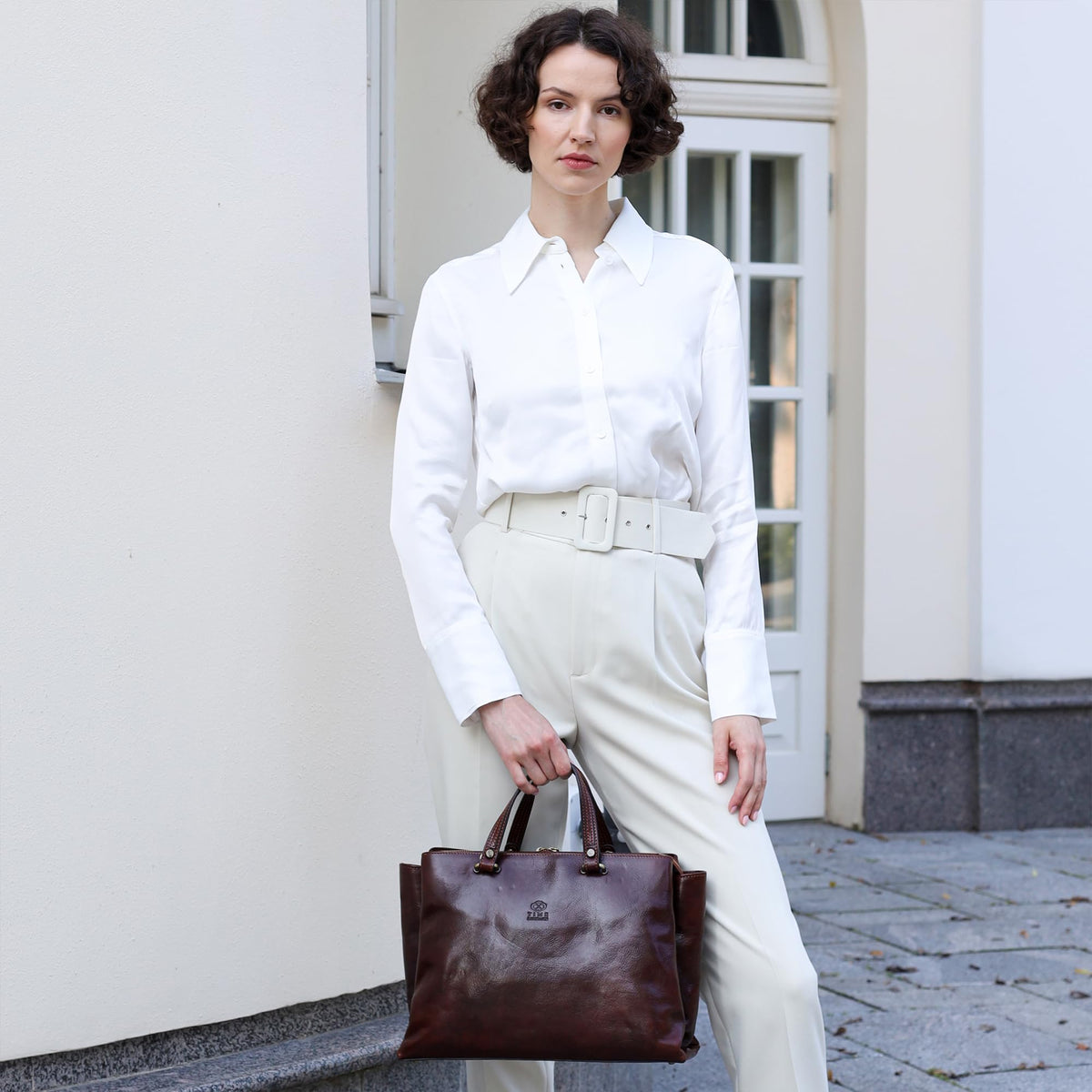 Time Resistance Leather Handbag for Women - Italian Handmade Top Handle Bag - Purse (Brown)