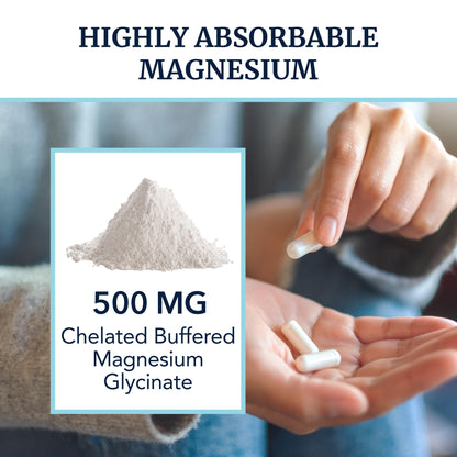 Magnesium Glycinate 500mg | Chelated for High Absorption | Muscle Relaxation, Bones, Heart, Nerve, Rest & Calm Support for Women & Men | Magnesium Chelate Supplement & Bisglycinate Complex | 120ct