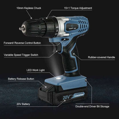 C P CHANTPOWER Cordless Drill Set, 20V Electric Power Drill Driver with Battery and Charger, 10mm Keyless Chuck, Variable Speed, 16 Position and 22pcs Accessoris