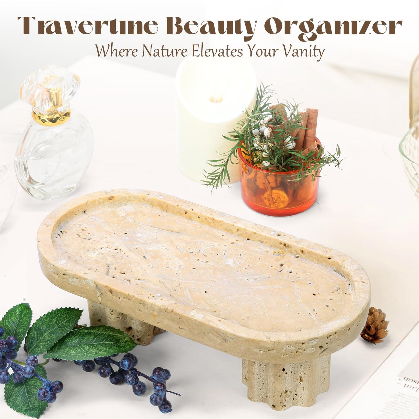 Axiqunel Natural Travertine Oval Tray with 2 Legs, 9.6"x4.7" Vanity Decorative for Countertop Ornaments, Catchall for Perfume, Candles, Jewelry Dish & Home Decor