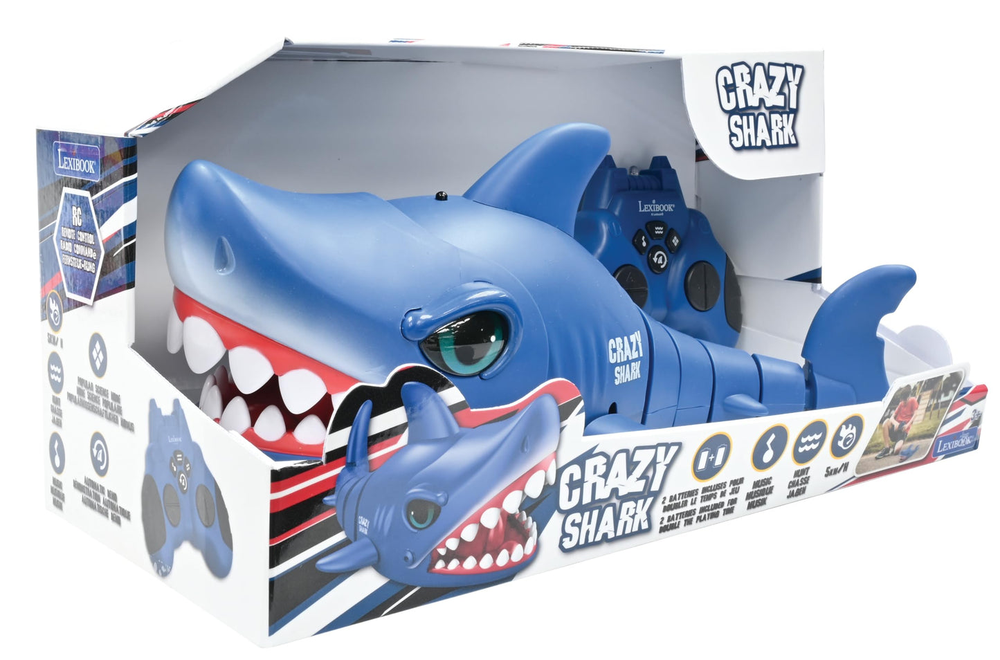 LEXIBOOK - Crazy Shark - Remote Control Shark, Up to 5 km/h (3mph), Automatic hunt and dance modes, programmable, Music effects, Blue, SHARK01