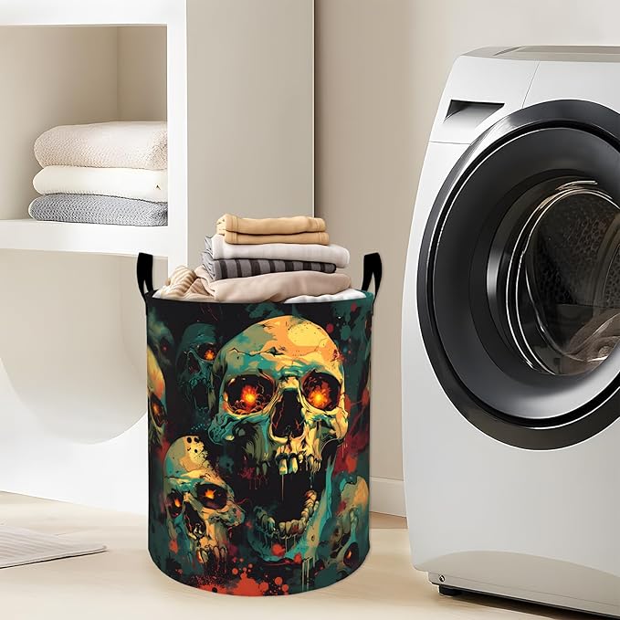 Fiery Skull with Glowing Eyes Laundry Basket with Handles, 19.7"x15.7" Clothes