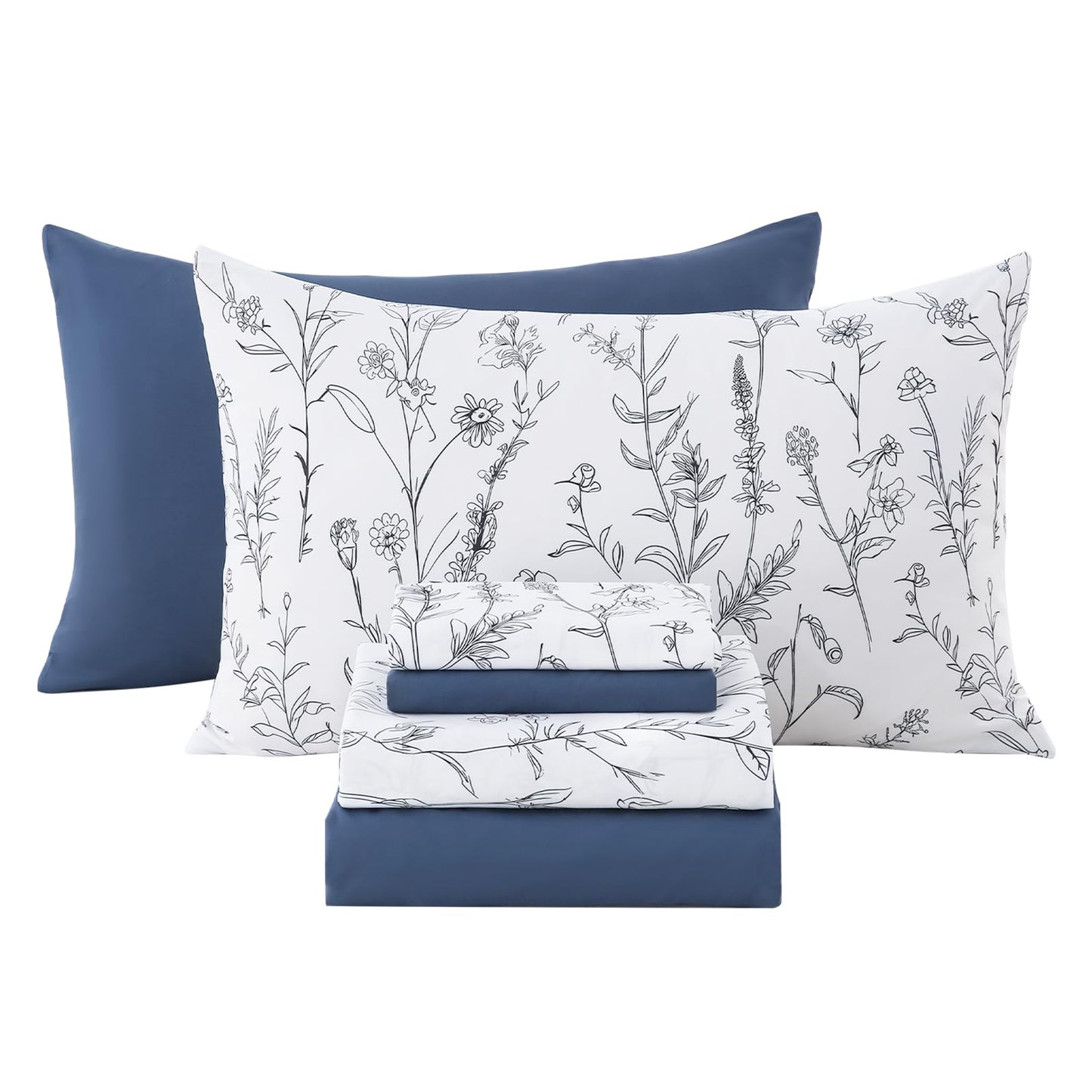Swiftify Botanical King Size Sheets Set 6-Piece, Boho Floral Brushed Microfiber Sheets, Cooling Bed Sheet Set, Soft & Breathable, 16' Deep Pocket Fitted Sheet & Pillowcase Set, Sketch Meadow