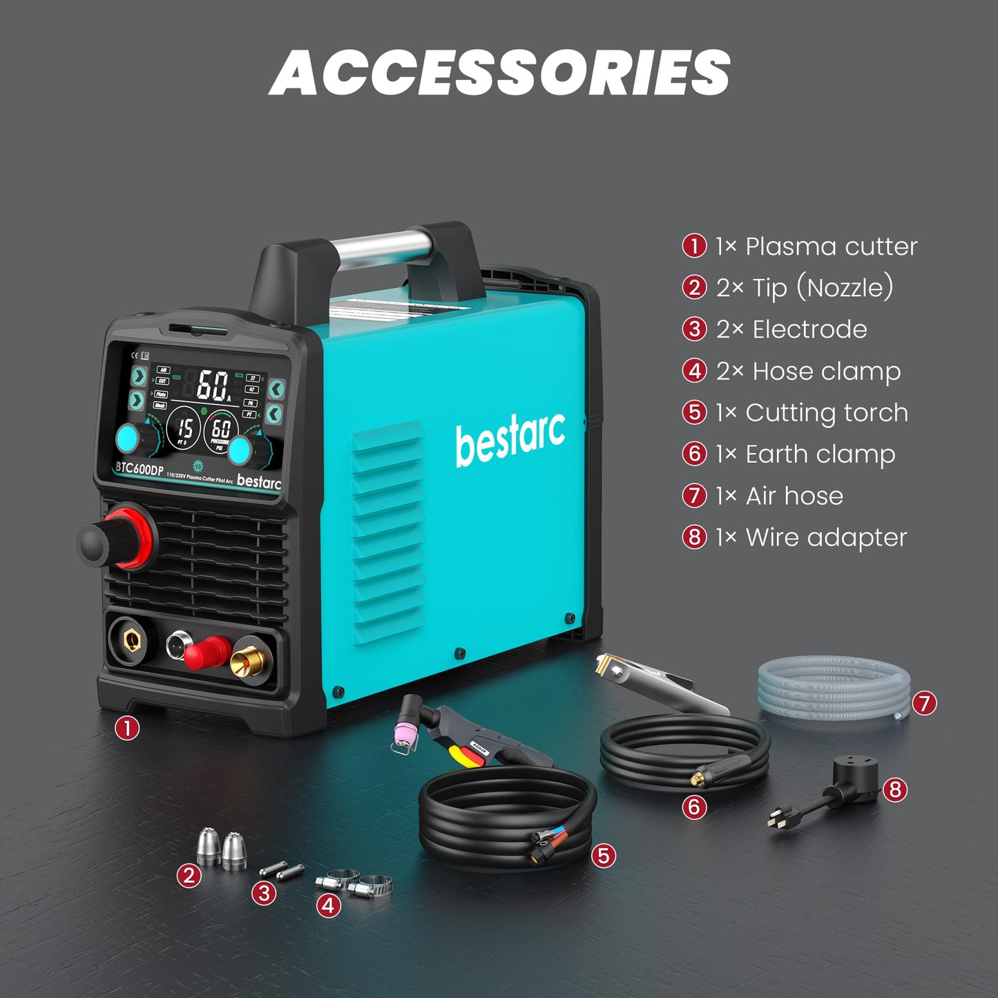 bestarc Plasma Cutter, [Pilot Arc][Large LED Display][Air Sensor] 60A bestarc Plasma Cutter Machine 110/220V Dual Voltage, 1/2 Inch Clean Cut 4/5 Inch Max Cut, Post Flow Mesh, 2T/4T for Beginners DIY