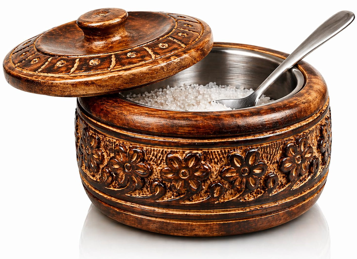 Decorative Rustic Wooden Sugar Bowl & Spoon With Lid Wide Mouth Candy Treat Jar Spice Jar Holder Condiment Nuts Serving Bowl Pot Salt Spice Herb Loose Leaf Tea Storage Container Novelty Home & Kitchen
