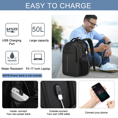 Extra Large Backpack for Men 50L,Water Resistant 17Inch Travel Laptop Work bag with USB Charging Port Anti Theft Big Business TSA Approved Computer Rucksack Women College School,Black