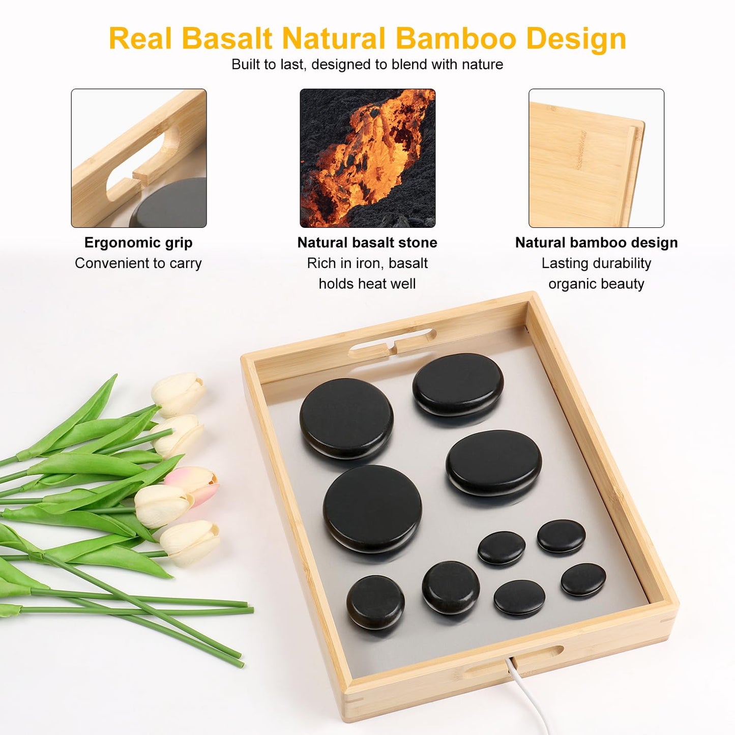 OnVisit Hot Stone Massage Set with Warmer Kit, 10 PCS Rocks Stones with Bamboo Heater Box, Temperature Control and Timing Setting, Massage Stone Heater for Spa & Home Use