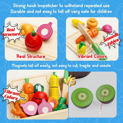 Wooden Play Food Set for Toddlers Toys Pretend Play Kitchen Accessories Veggies Cutting Set for Kids Gift for Boys Girls Montessori Educational Toys