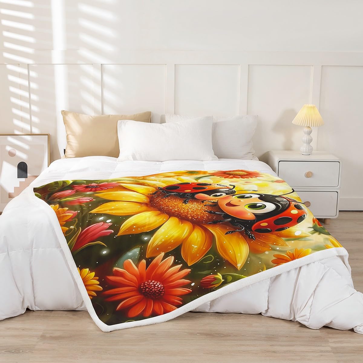 Erosebridal Ladybugs Throw 50"X60" Fleece Blankets Cute Cartoon Ladybird Throw Bed Blanket Yellow Sunflowers Reptile Sherpa Blankets for Kids Boys Girls,Watercolor Floral Plants Fuzzy Blanket
