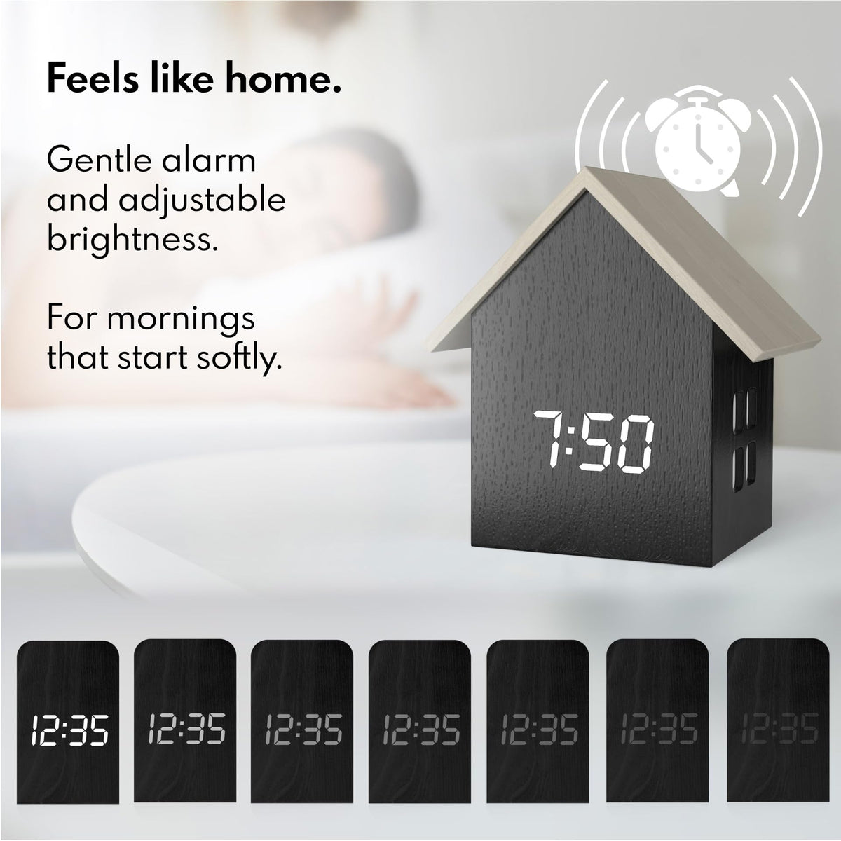 Driini Digital House Shaped Alarm Clock with Temperature Display (Dark Wood) – Modern Aesthetic with Cute Cube Frame and White LED Dimmer - Perfect Small Desk Clock for Bedside Table or Bedroom Mantle