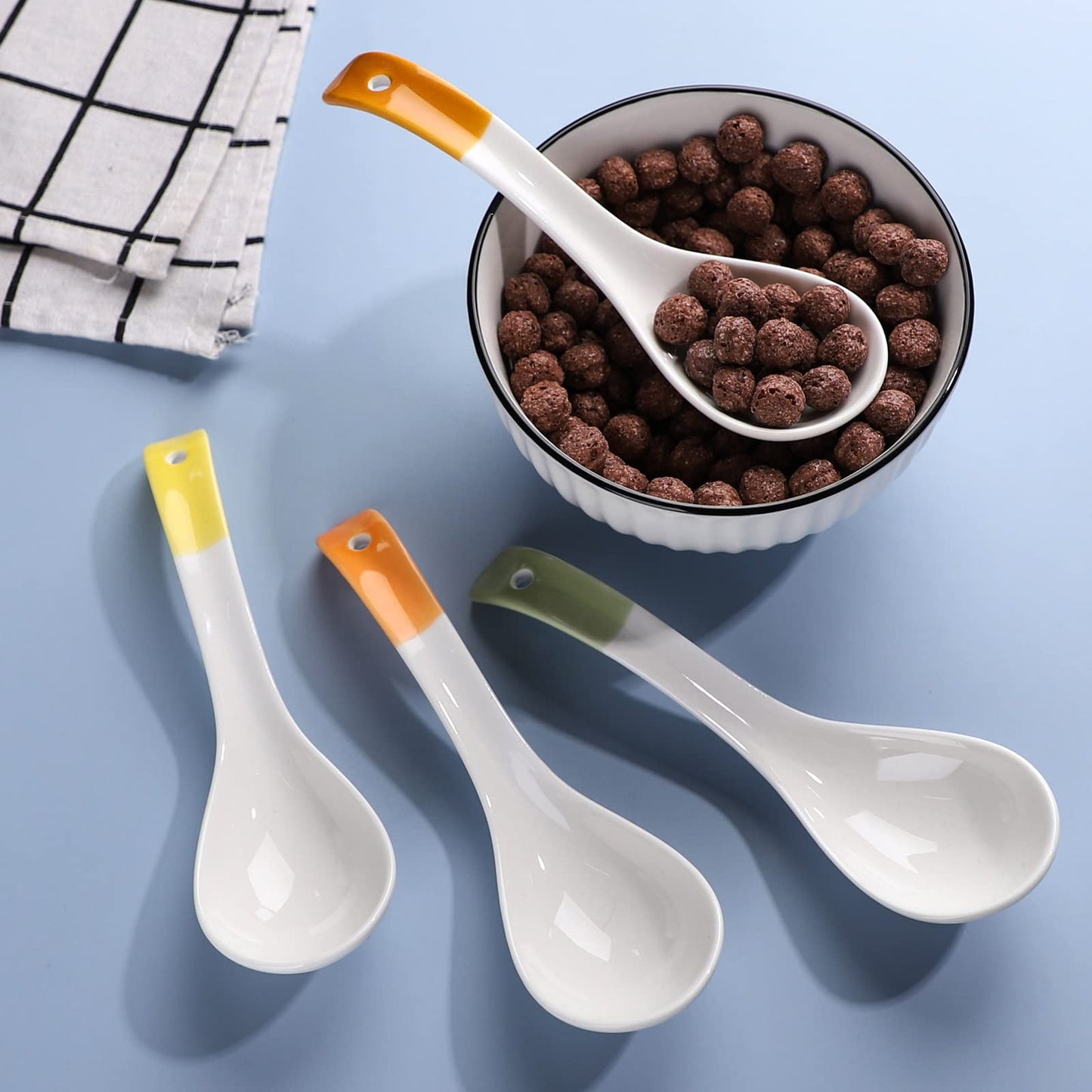 Ceramic Dessert Spoons Set of 4 Long Handle Cereal Spoon Korean Porcelain Spoons for Dessert Oat Cereal Rice Soup (Model 1#)