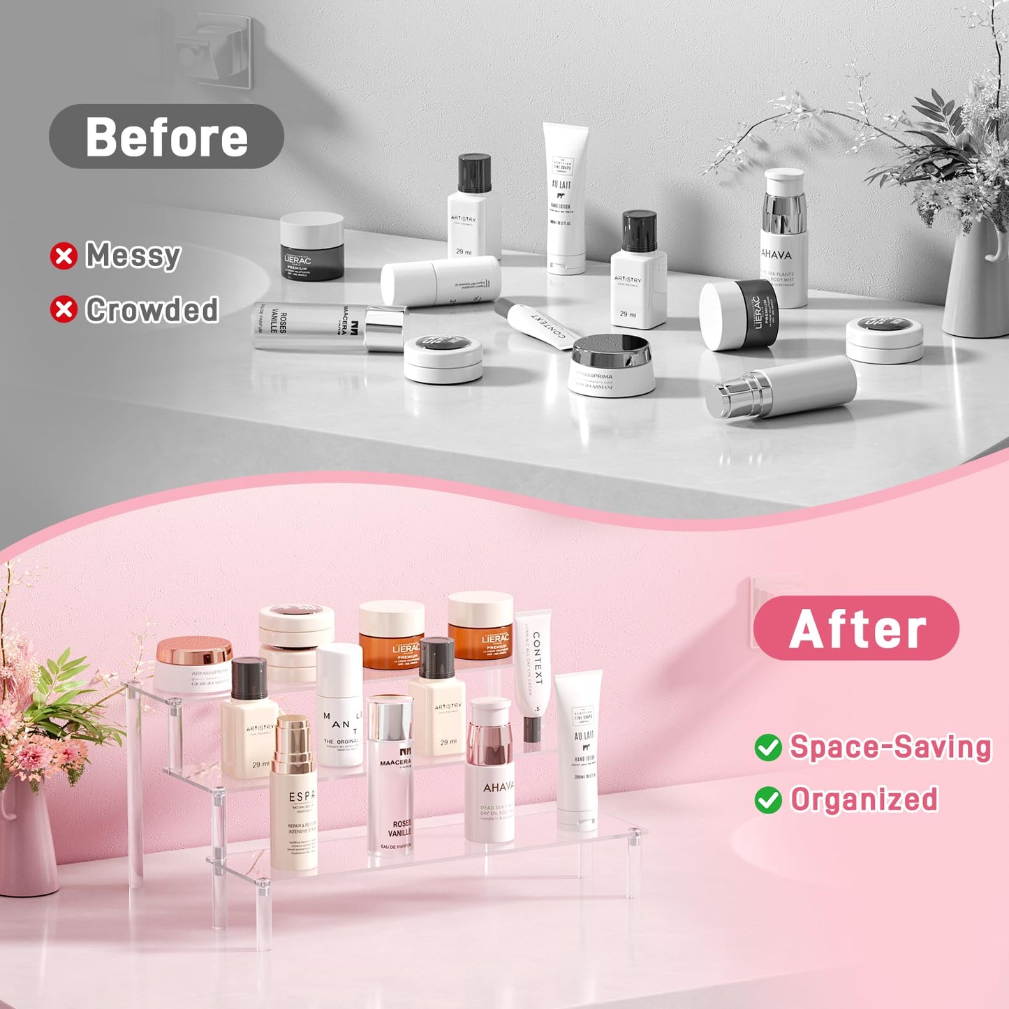 2 Packs Acrylic Display Stand Riser,3 Tier Perfume Organizer Cupcake Stand Acrylic Pop Shelves Holder,Clear Desk Display Shelf for Figure,Trinket,Collectibles,Dessert Stands for Party Decor-11.6in