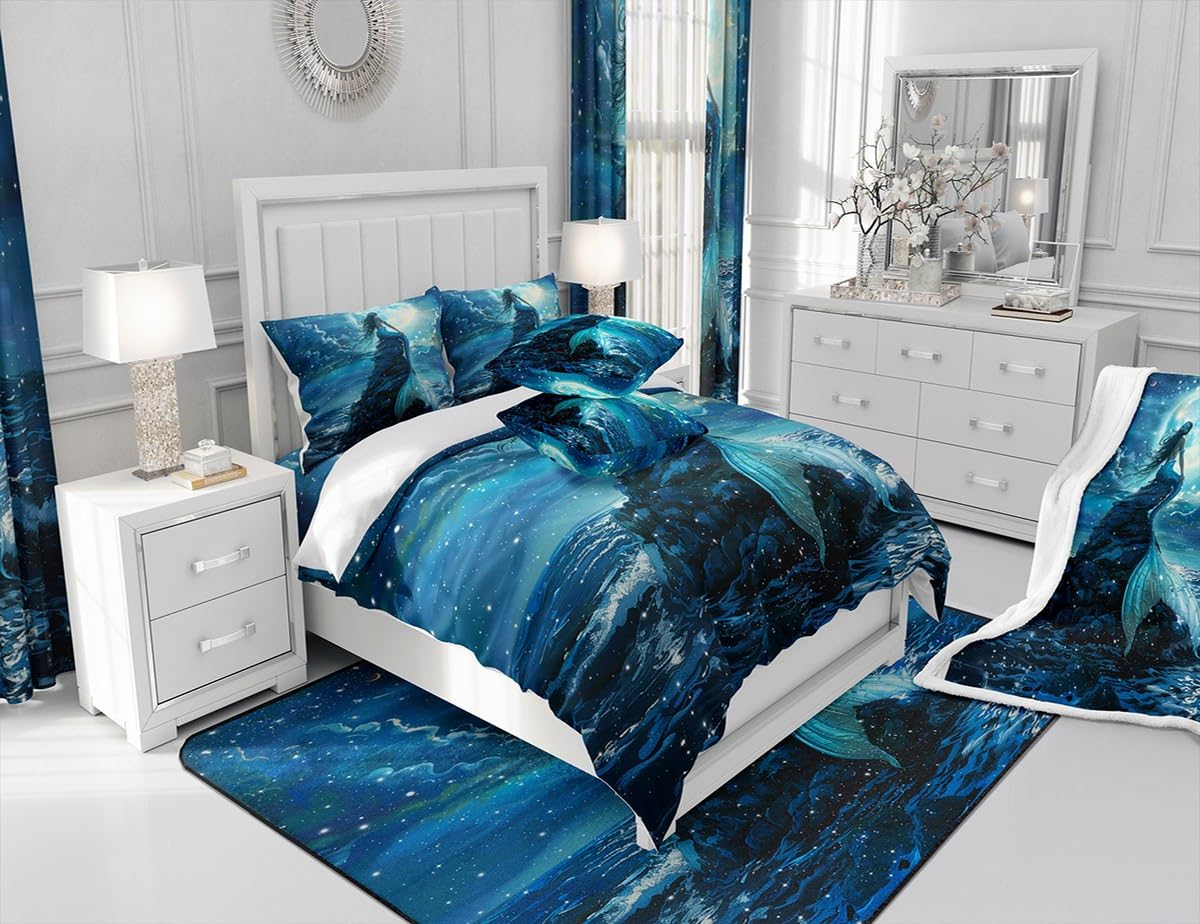3D Mermaid Comforter Set Queen Size,Sea Moon Starry Sky Bedding Set for Kids Boys Girls Room Decor,Blue Fish Scale Fantastic Duvet Insert 3Pcs,Luxury Fashion Soft Microfiber Quilt Set,2 Pillowcases