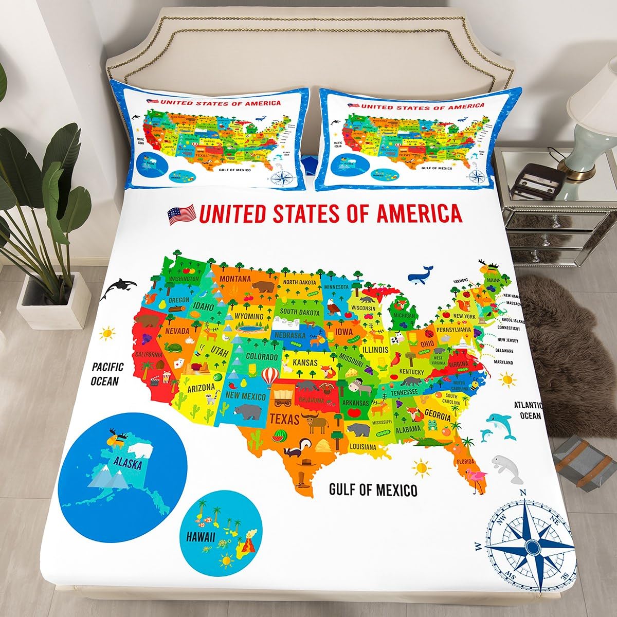 US Geography Bedding Set Twin Size, Geography USA Map Bed Sheet Set for Kids Boys Girls Teens Learning Educational Fitted Sheet Educational Map Bed Cover 2Pcs (No TOP Sheet)