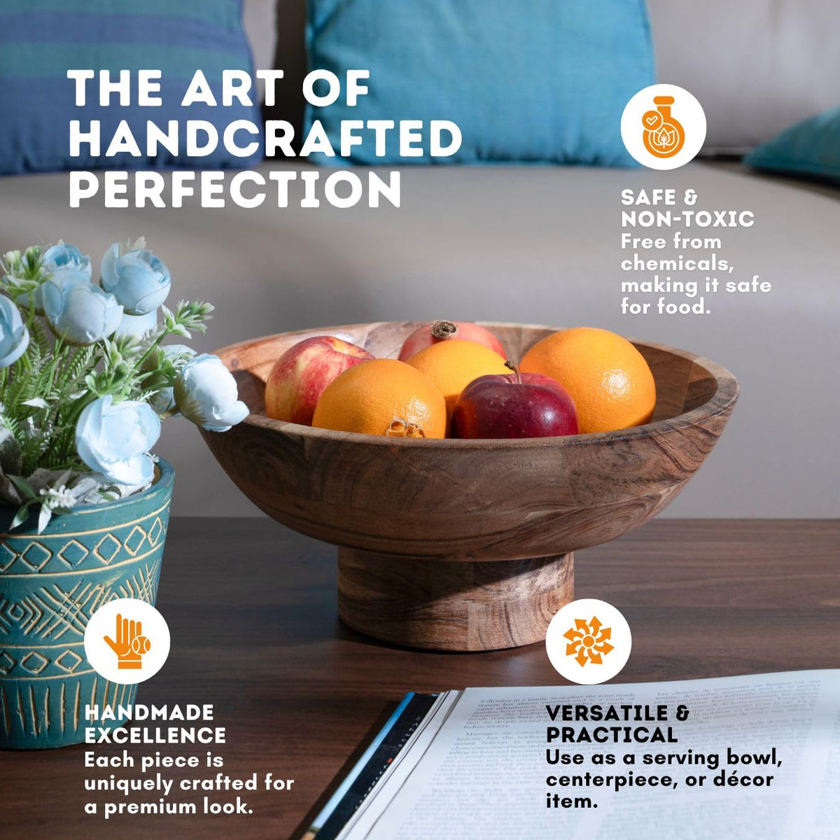 Luxe Designs Wooden Footed Bowl Handcrafted Decorative Fruit Bowl with Elegant Footed Base for Dining, Serving, and Home Décor – Perfect for Fruits, Snacks, and Centerpiece Display