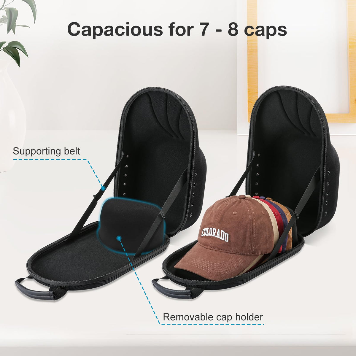 ProCase Hat Travel Hard Case, Hat Carrier Storage Bag for 7-8 Baseball Caps,Hat Organizer Ball Caps Holder with Adjustable Shoulder Strap -Black