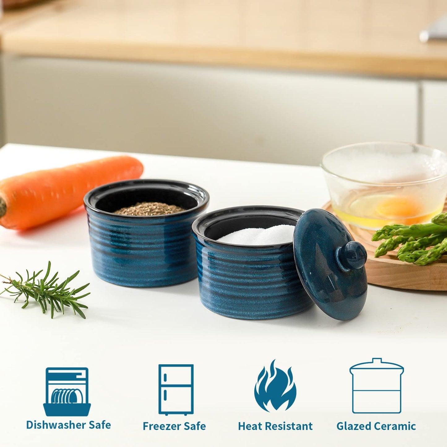 Hasense Ceramic Salt Cellar with Lid, 9 oz Salt and Pepper Bowls, Stacked Salt Box for Countertop Stovetop, Blue Farmhouse Kitchen Decor, Set of 2