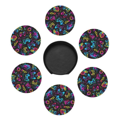 BOXIMIAO Drink Coasters with Holder Stand Set of 6, Bright Game Controller Pu Leather Absorbent Coasters with Cork Base Table Coaster Round Coasters for Housewarming Apartment Kitchen Bar Decor