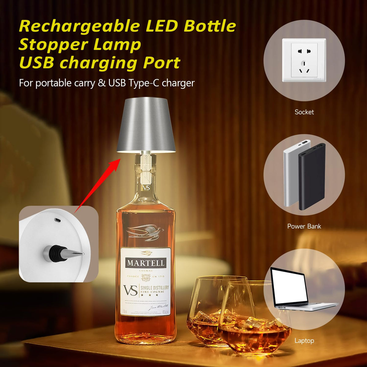 Hoide 2025 New Wireless Bottle Lamp - LED Bottle Lights for Liquor & Wine Bottles, Cordless Lampshade, Whiskey Bottle Top Light, Bottle Stopper Night Light Kit, Rechargeable 3-Tone Touch-Dimmable
