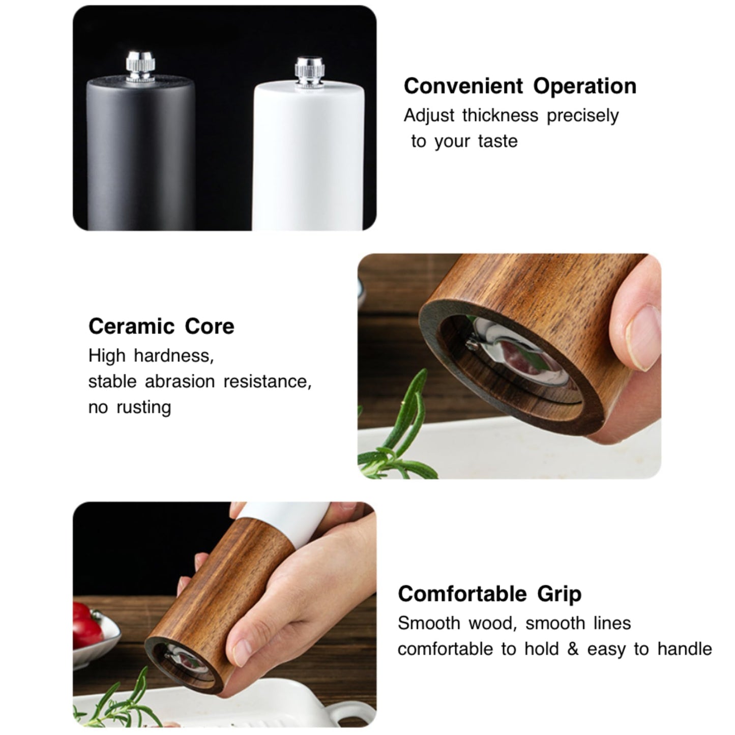 GCFTIFF Wooden Salt and Pepper Grinder Set,Crafted of Solid Acacia Wood with Ceramic Steel Core,Adjust for Customized Coarseness,Pepper Mill with Wooden Stand & Spoon(2pcs white + black,6 inches)