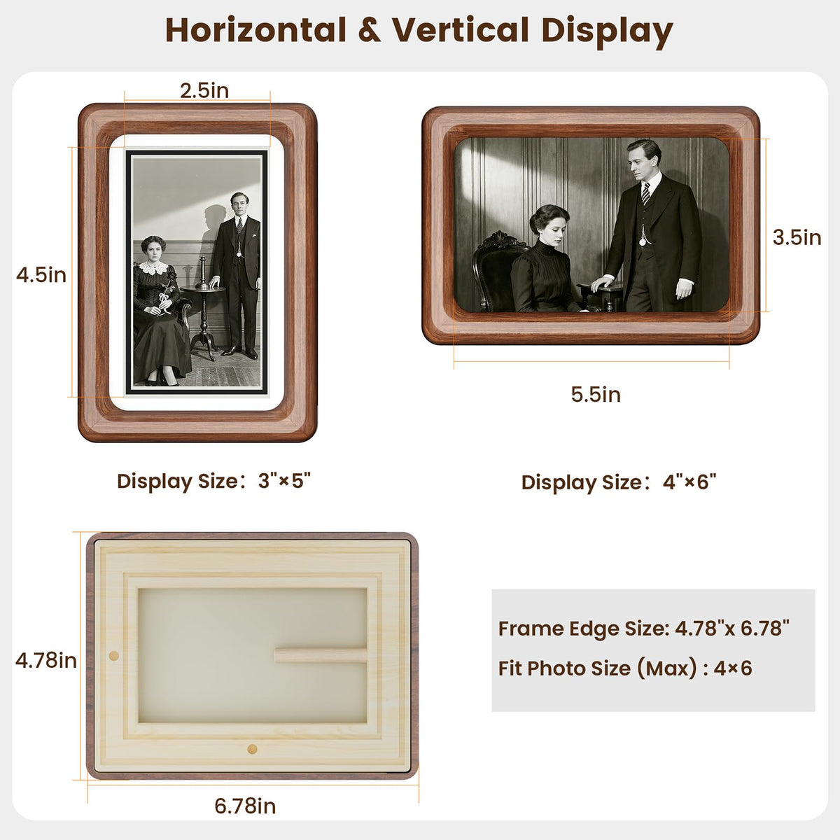 WILTYAPF 2 Pack 4x6 Premium Natural Walnut Wood Picture Frame, Handcrafted with Solid Wood Back & HD Tempered Glass, Rich Wood Grain, Matted for 3x5 Photos, Wall Mount or Tabletop Display