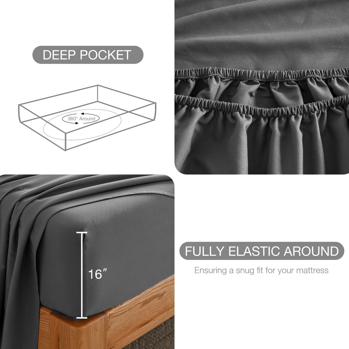 Yibeizi King Size Sheets Set Cooling Deep Pocket Bed Sheet Sets, Grey Soft Microfiber Oeko-Tex Hypoallergenic Sheets & Pillowcases Wrinkle Free Bedsheets