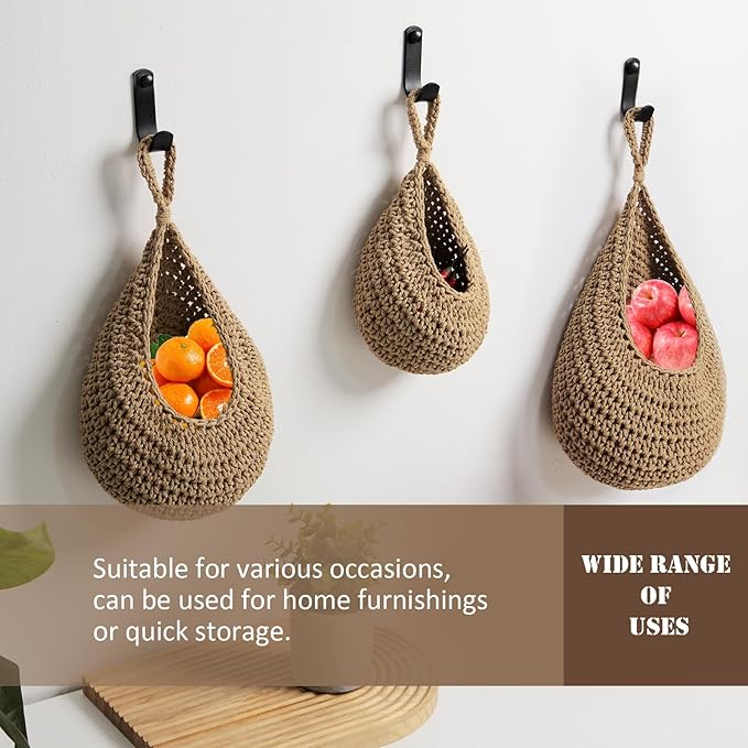Hanging Fruit Basket Set of 3, Boho Wall Hanging Storage Jute Basket