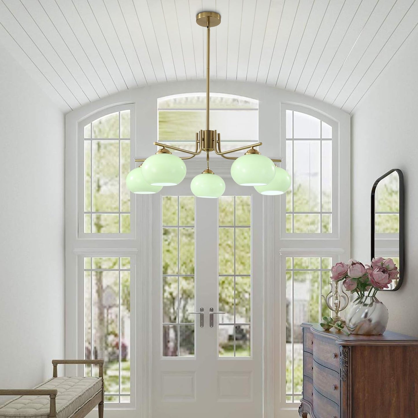 KCO Lighting Green Glass Pendant Light 5 Light Large Globe Chandelier Brushed Brass Sputnik Chandelier Mid Century Modern Chandelier Light Fixture for Dining Room Bedroom