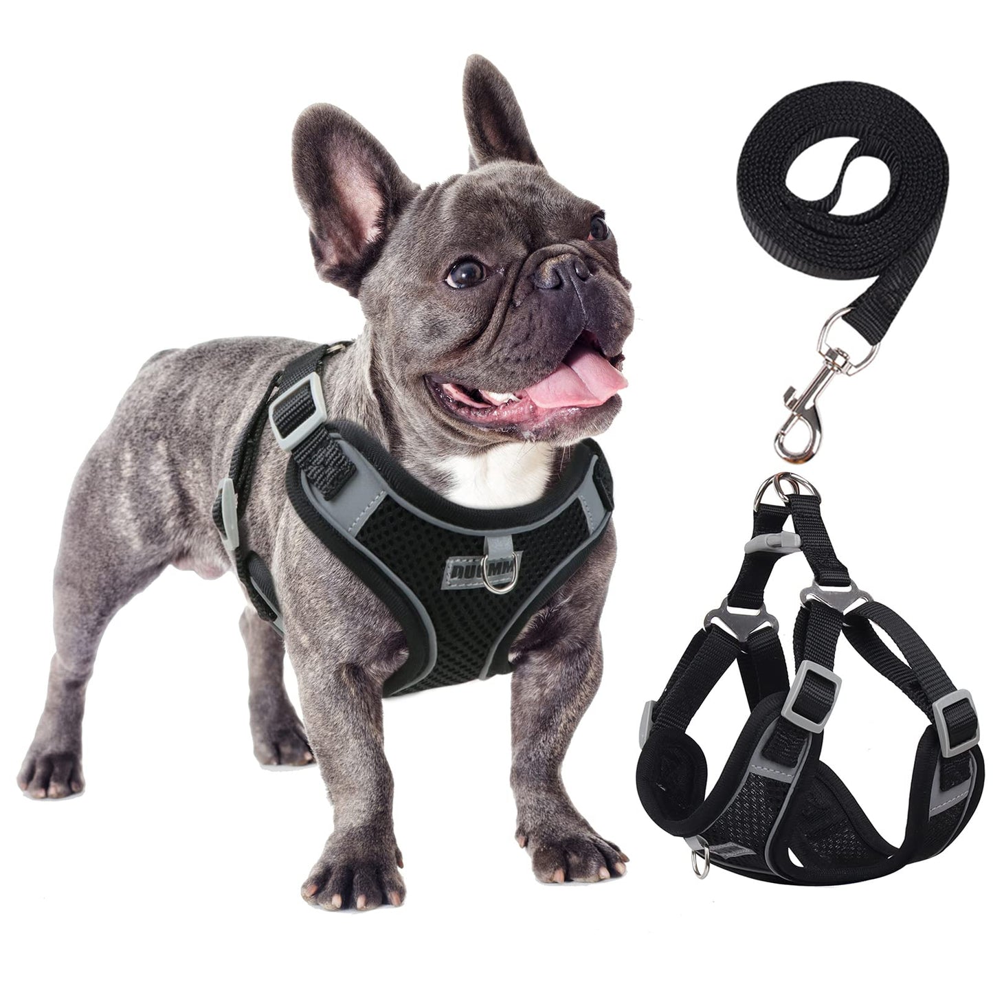 rennaio Dog Harness No Pull, Adjustable Puppy Harness with 2 Leash Clips, Ultra Breathable Padded Dog Vest Harness, Reflective Dog Harness and Leash Set for Small and Medium Dogs (Black, XL)