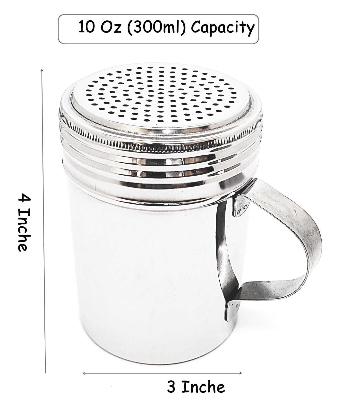KERAM Metal Salt and Pepper Shakers, Dredge 10 Oz, Pack of 4, powdered sugar/cinnamon/flour/spice/seasoning shaker duster with holes, handle and lids restaurant supplies outdoor kitchen accessories